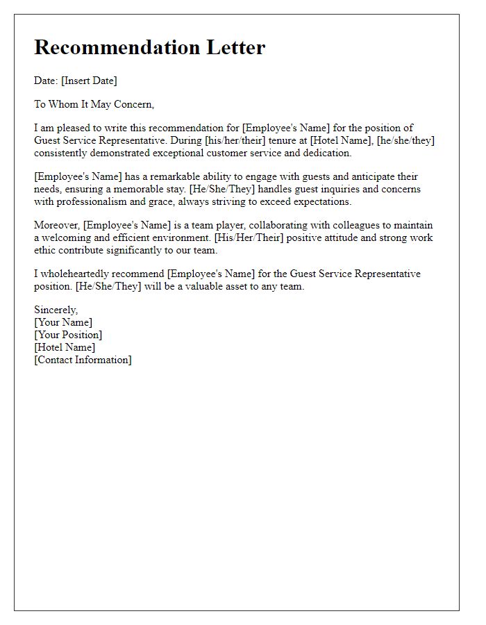 Letter template of a hotel staff recommendation for guest service representative