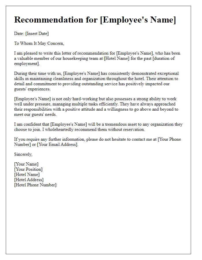 Letter template of a hotel staff recommendation for housekeeping personnel