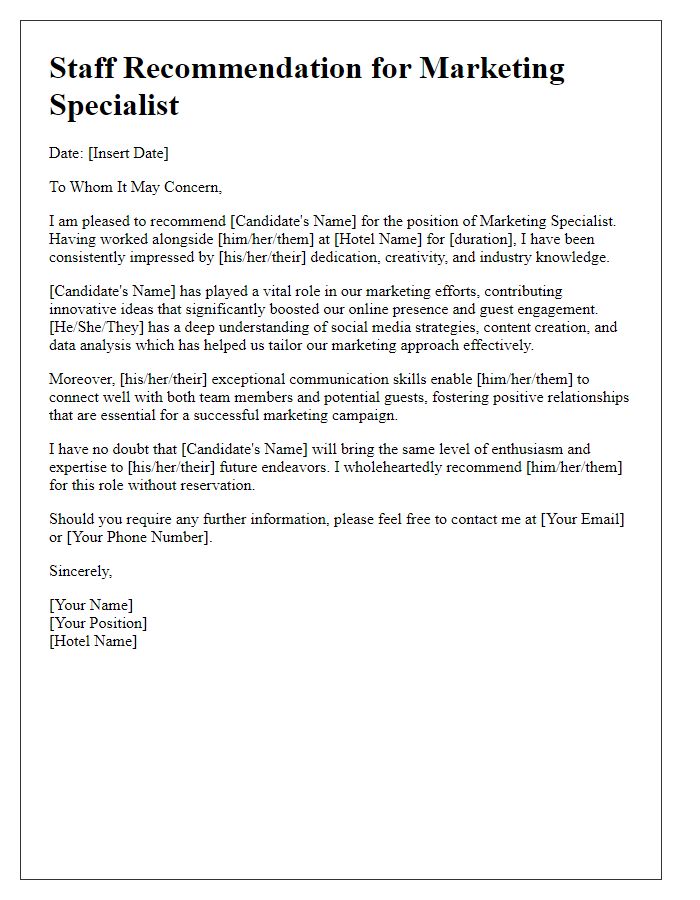 Letter template of a hotel staff recommendation for marketing specialist