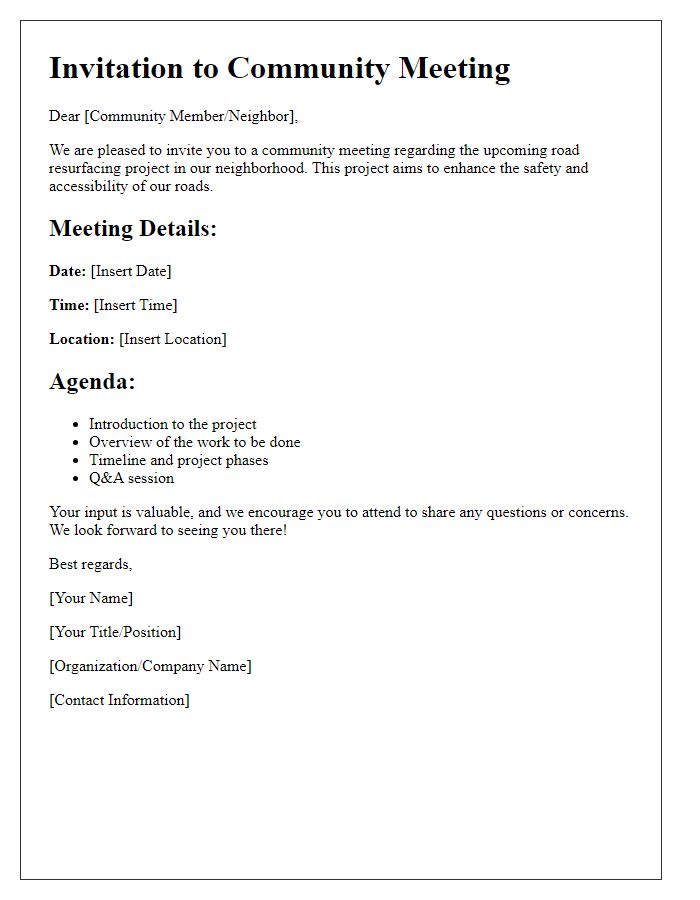 Letter template of road resurfacing project community meeting invitation