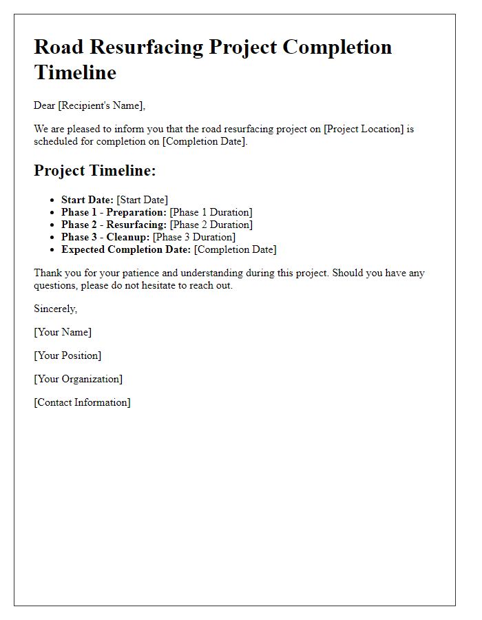 Letter template of road resurfacing project completion timeline