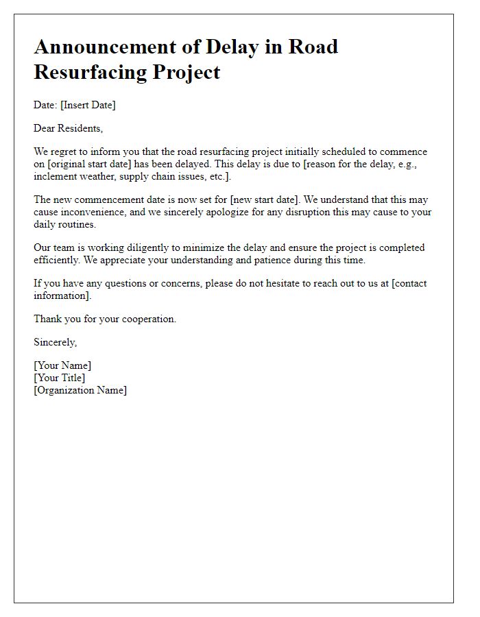 Letter template of road resurfacing project delay announcement