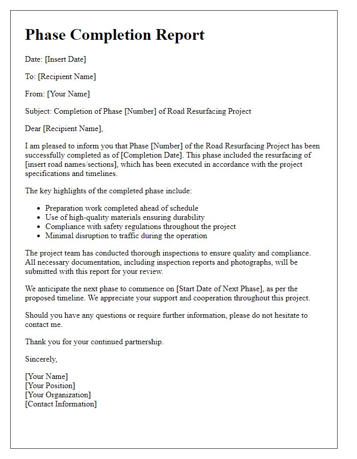 Letter template of road resurfacing project phase completion report