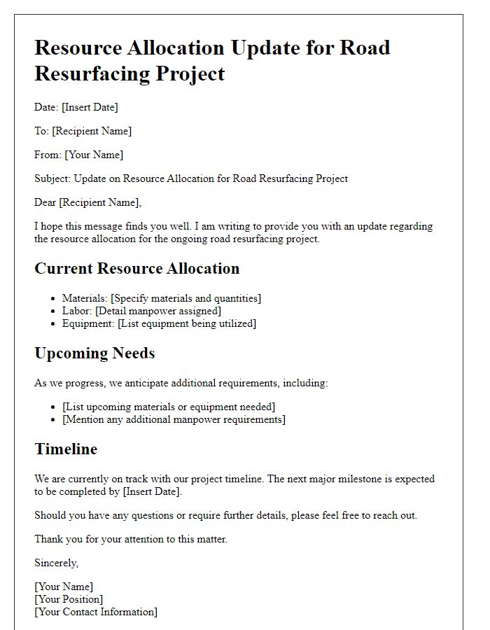 Letter template of road resurfacing project resource allocation update