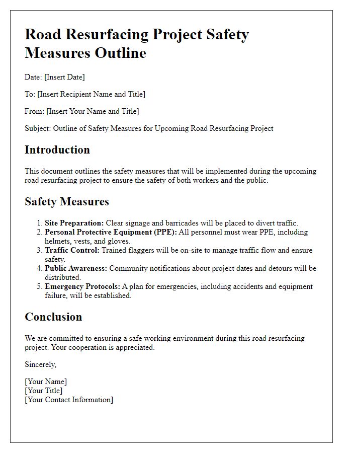 Letter template of road resurfacing project safety measures outline