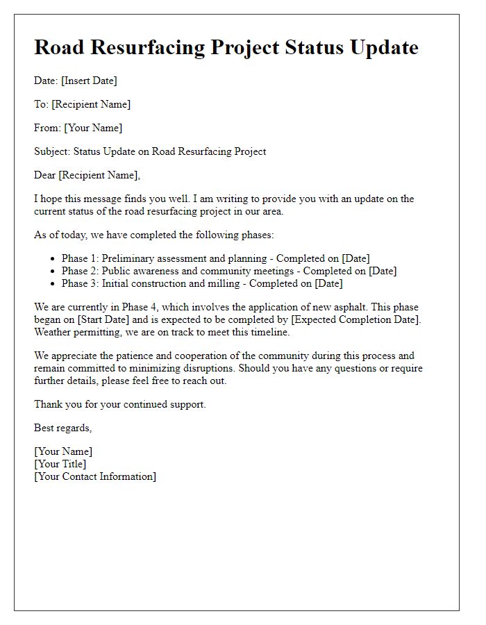 Letter template of road resurfacing project status update