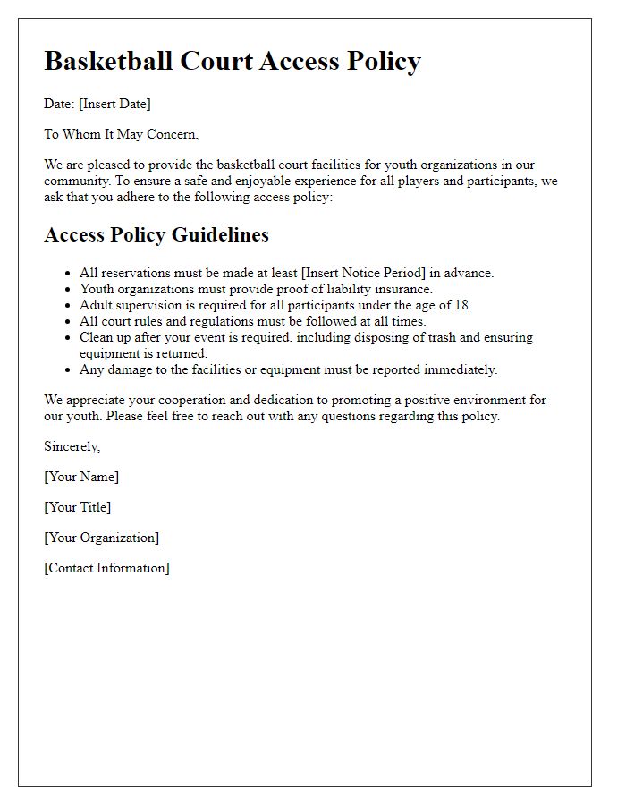 Letter template of basketball court access policy for youth organizations