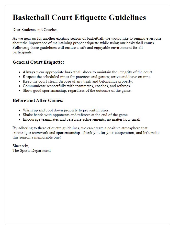 Letter template of basketball court etiquette for school programs