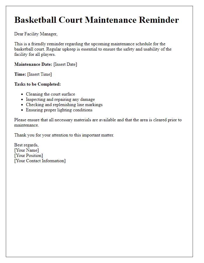 Letter template of basketball court maintenance reminder for facility managers