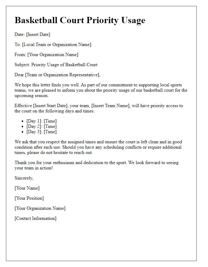 Letter template of basketball court priority usage for local teams