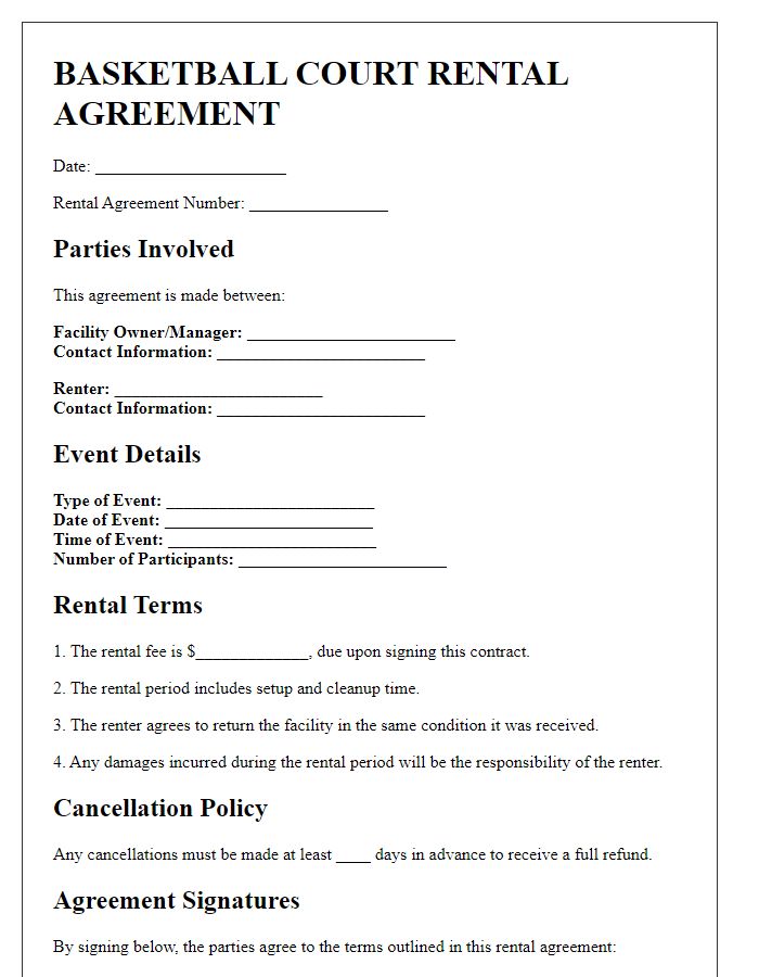 Letter template of basketball court rental agreements for private events