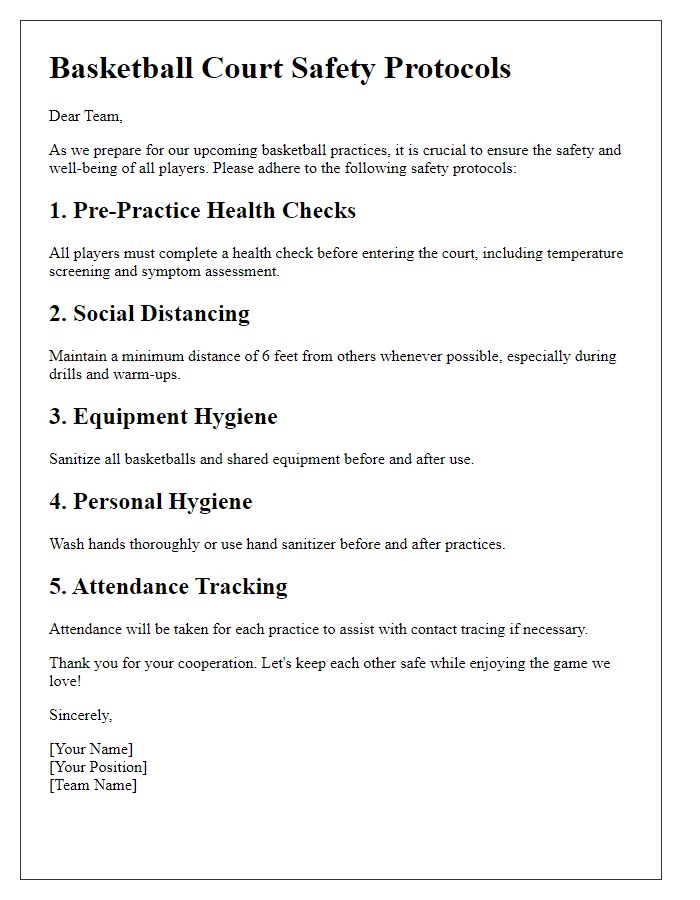 Letter template of basketball court safety protocols for team practices