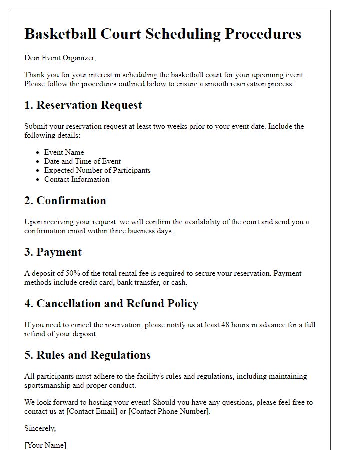 Letter template of basketball court scheduling procedures for event organizers