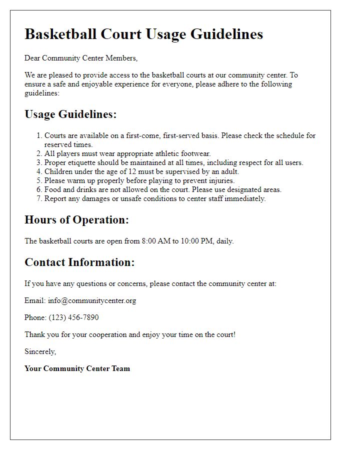 Letter template of basketball court usage guidelines for community centers