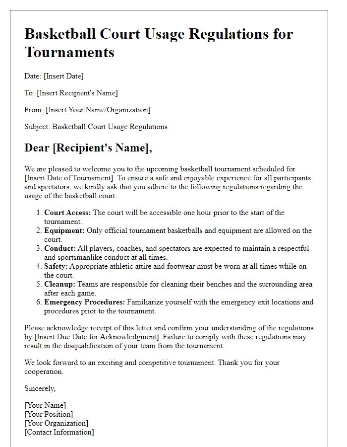 Letter template of basketball court usage regulations for tournaments