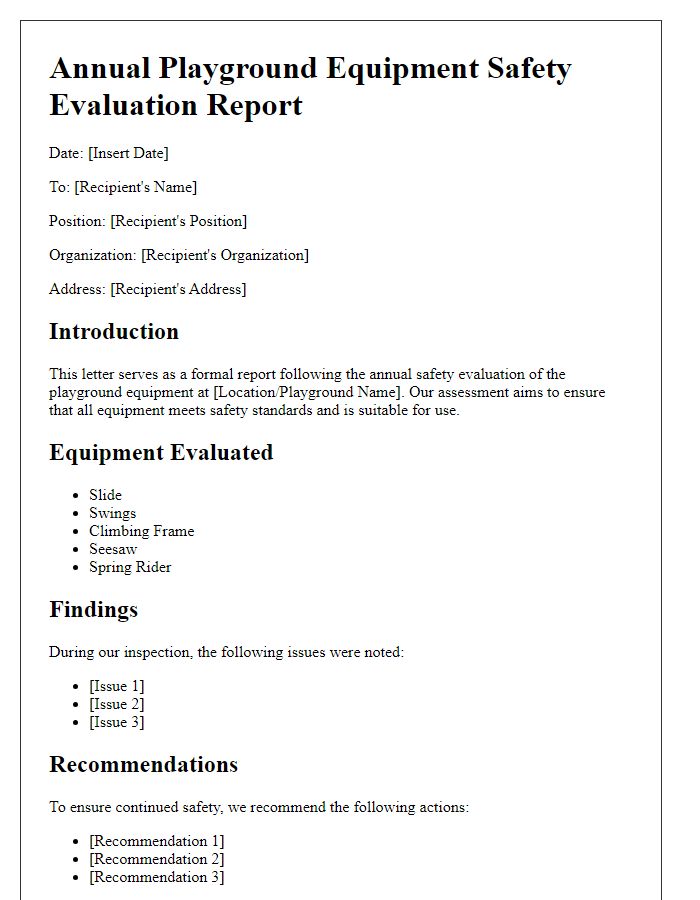 Letter template of annual playground equipment safety evaluation