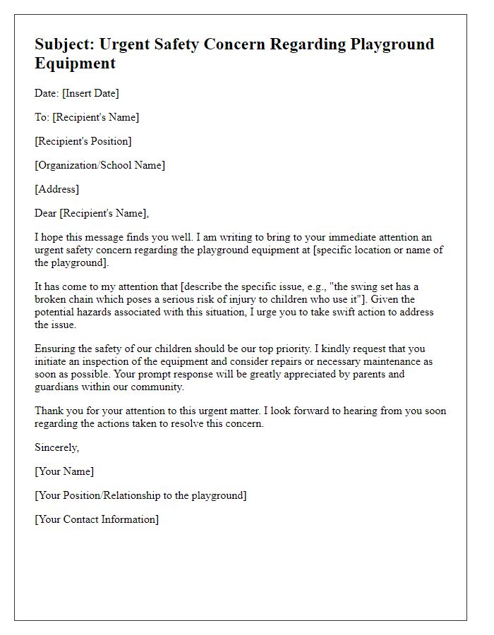 Letter template of urgent playground equipment safety concern