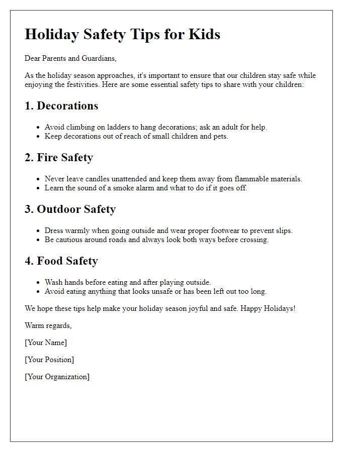 Letter template of holiday safety tips for children