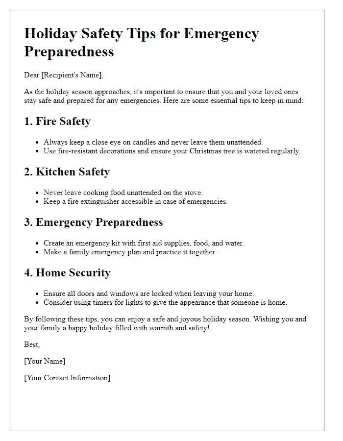 Letter template of holiday safety tips for emergency preparedness