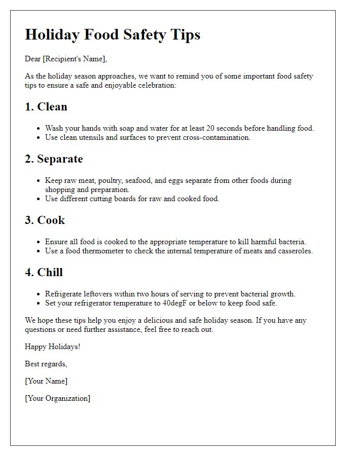 Letter template of holiday safety tips for food preparation