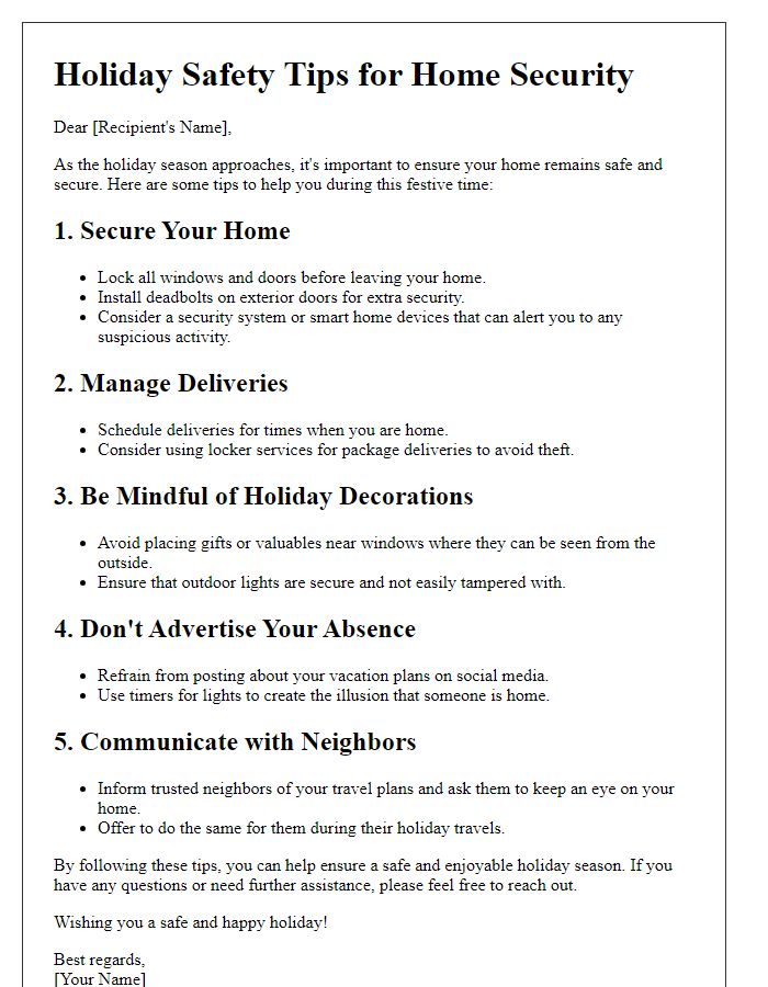 Letter template of holiday safety tips for home security