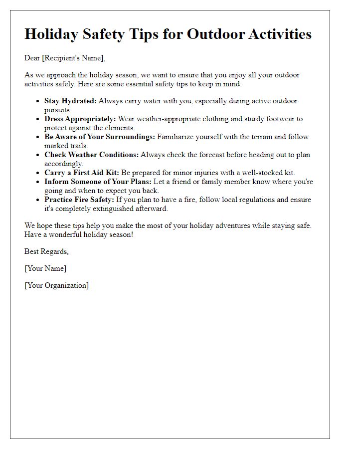 Letter template of holiday safety tips for outdoor activities