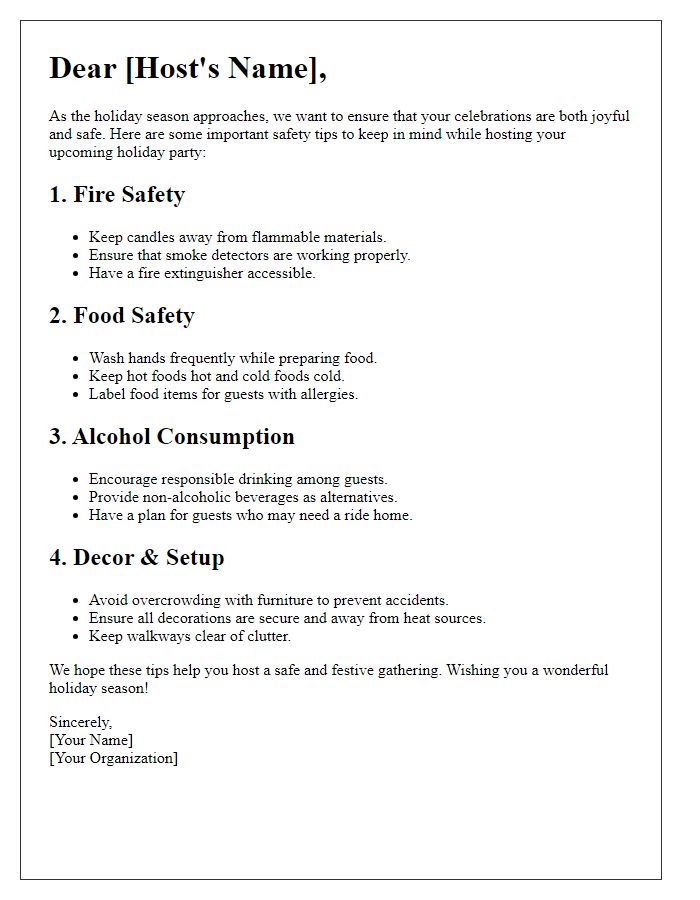 Letter template of holiday safety tips for party hosts