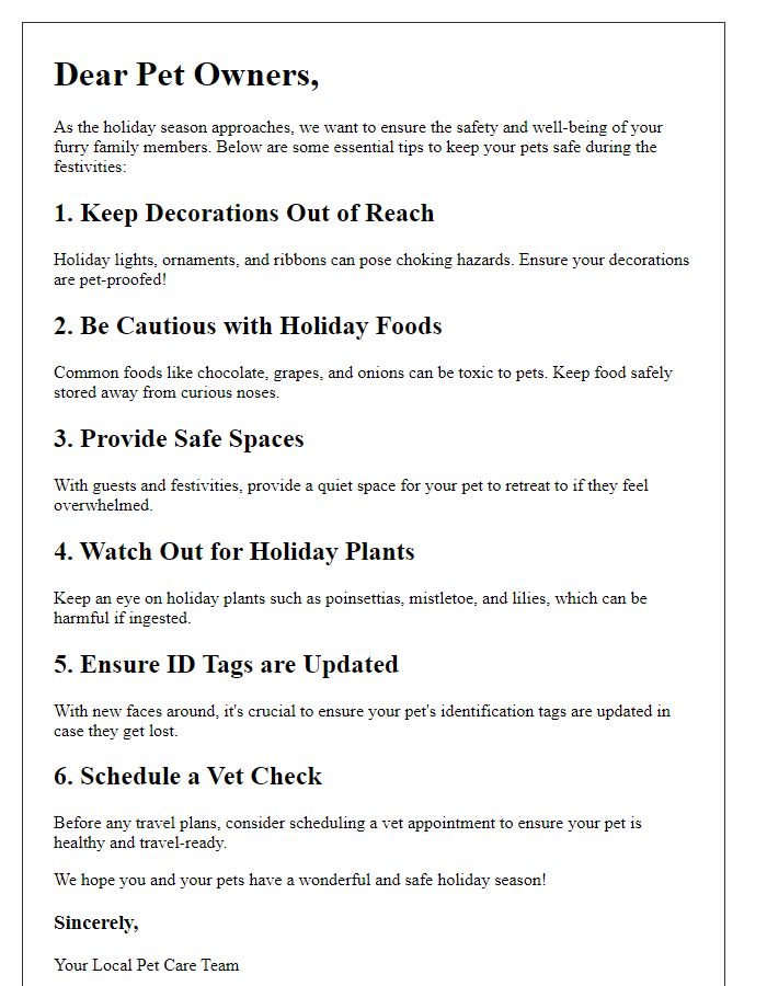 Letter template of holiday safety tips for pet owners