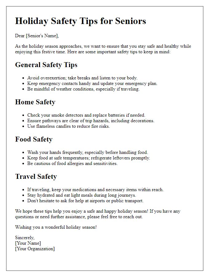 Letter template of holiday safety tips for seniors