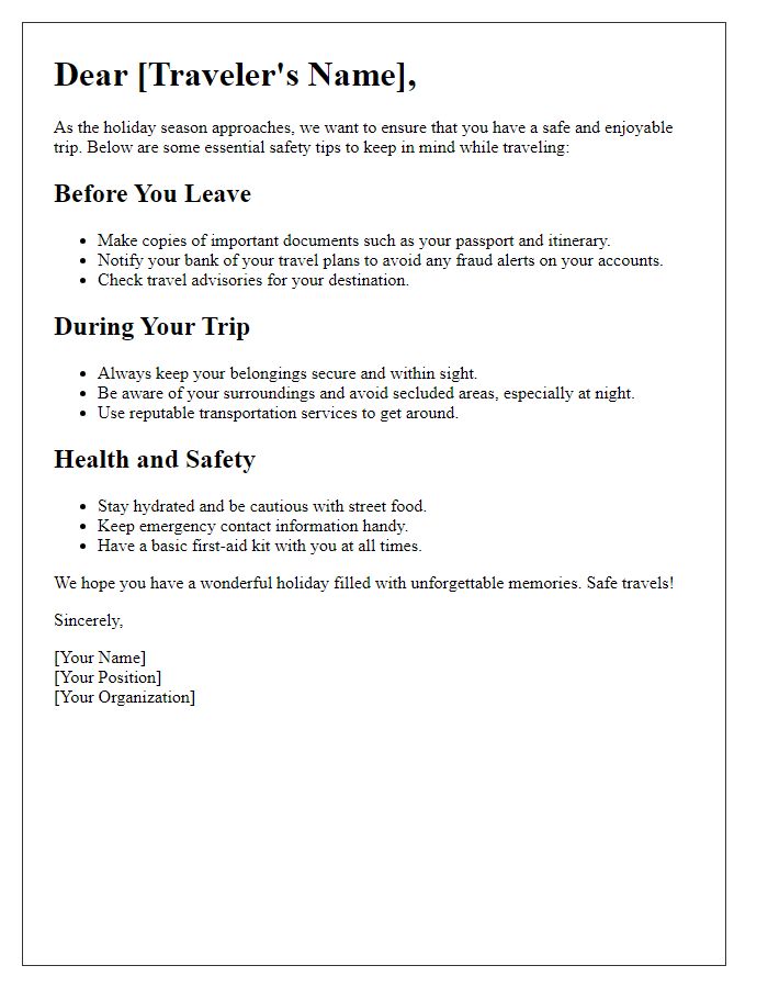 Letter template of holiday safety tips for travelers