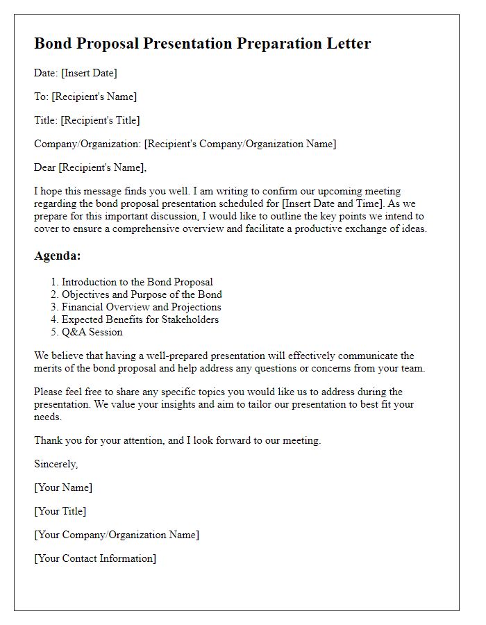 Letter template of bond proposal presentation preparation