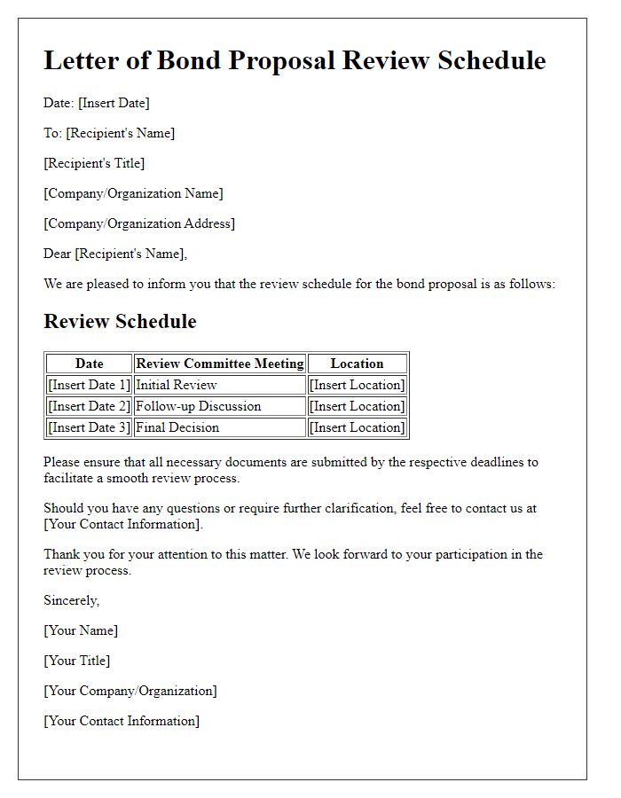 Letter template of bond proposal review schedule