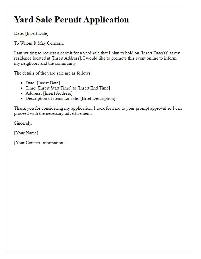 Letter template of yard sale permit application for online advertisement.