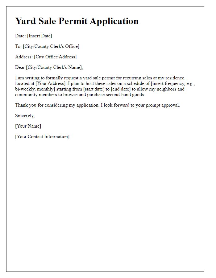 Letter template of yard sale permit application for recurring sales.