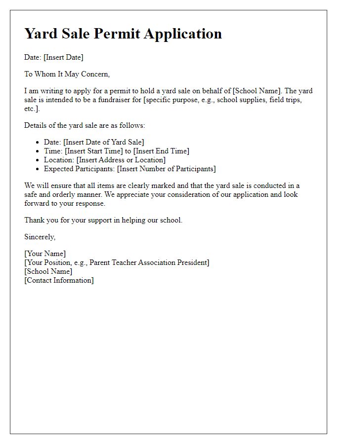 Letter template of yard sale permit application for school fundraiser.