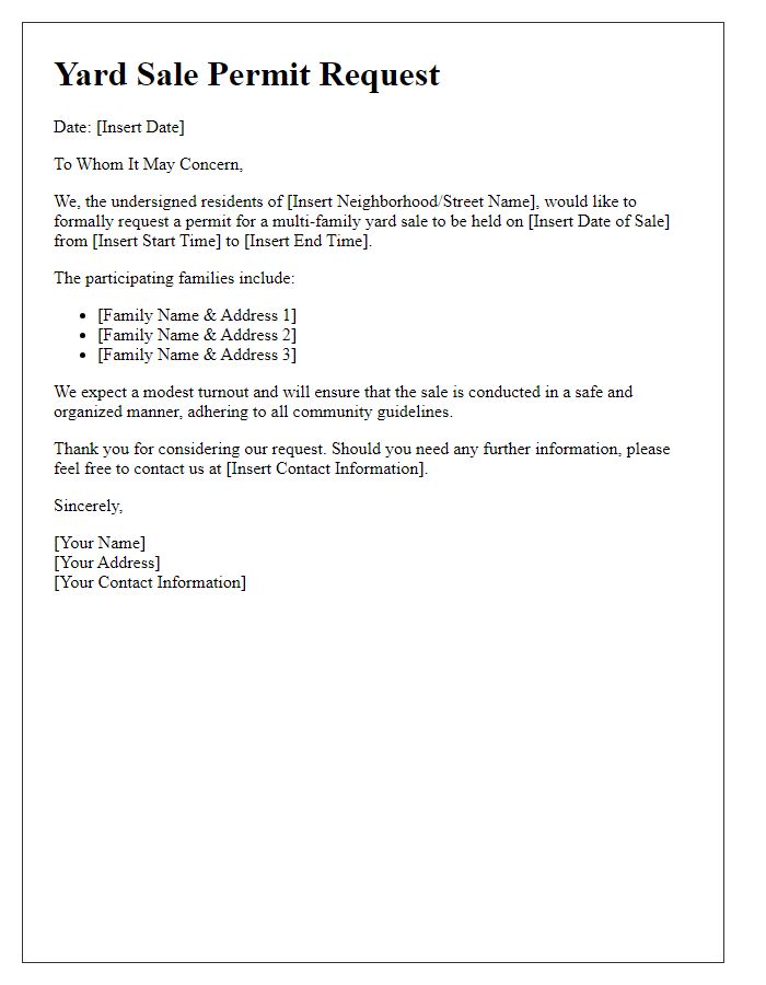 Letter template of yard sale permit request for multi-family sale.