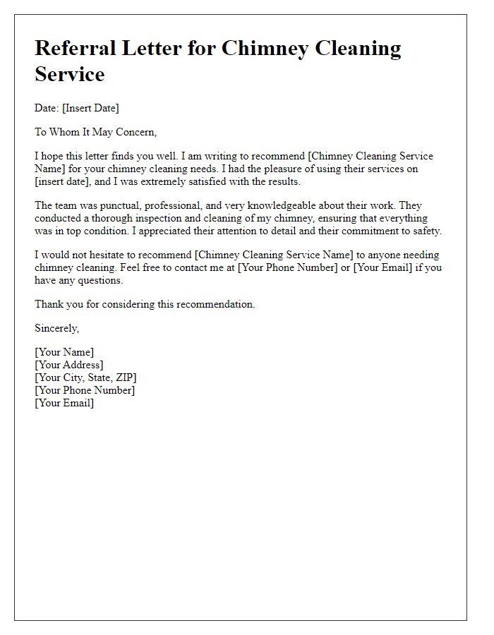 Letter template of chimney cleaning service referral