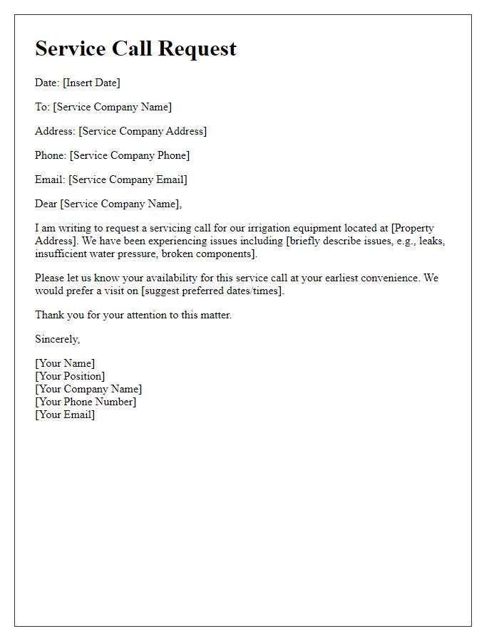 Letter template of irrigation equipment servicing call