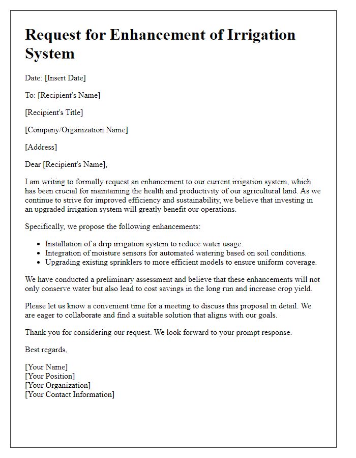 Letter template of irrigation system enhancement request