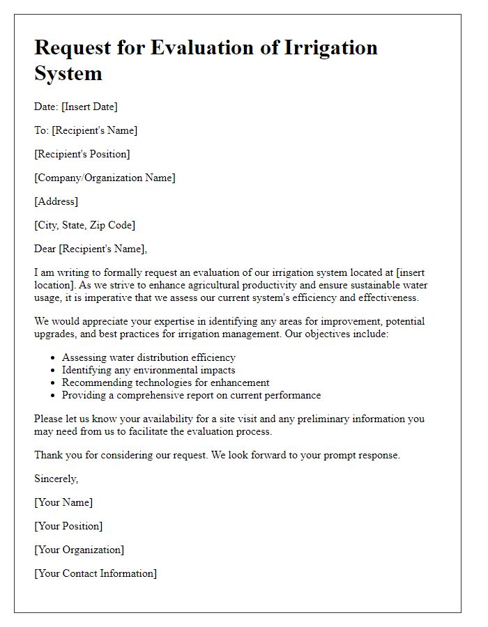 Letter template of irrigation system evaluation demand