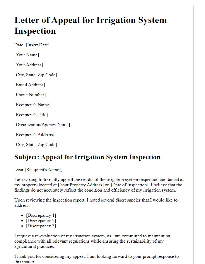 Letter template of irrigation system inspection appeal