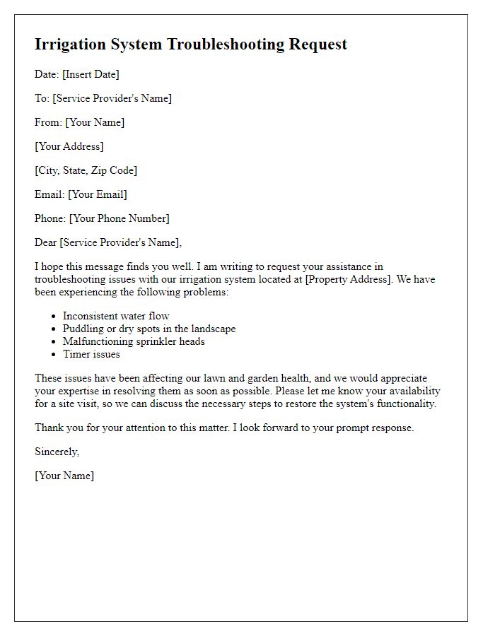 Letter template of irrigation system troubleshooting request