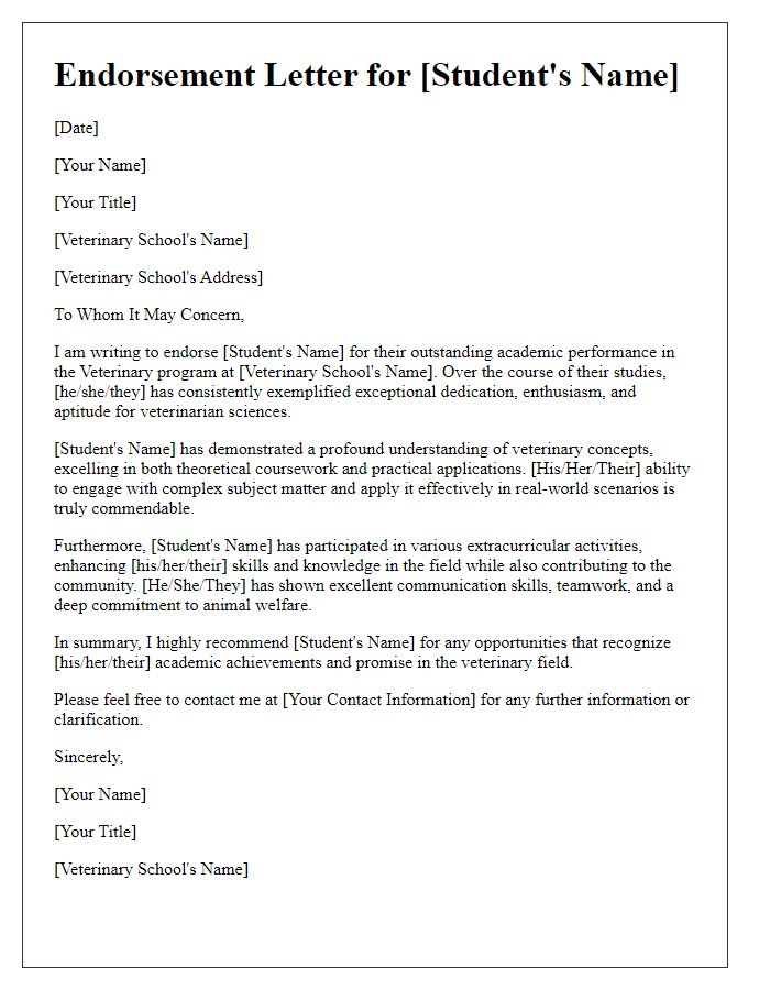 Letter template of veterinary school endorsement for academic performance.