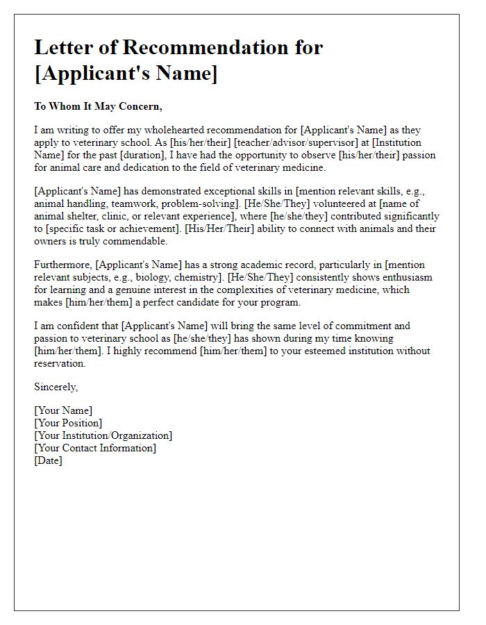 Letter template of veterinary school recommendation for aspiring applicants.