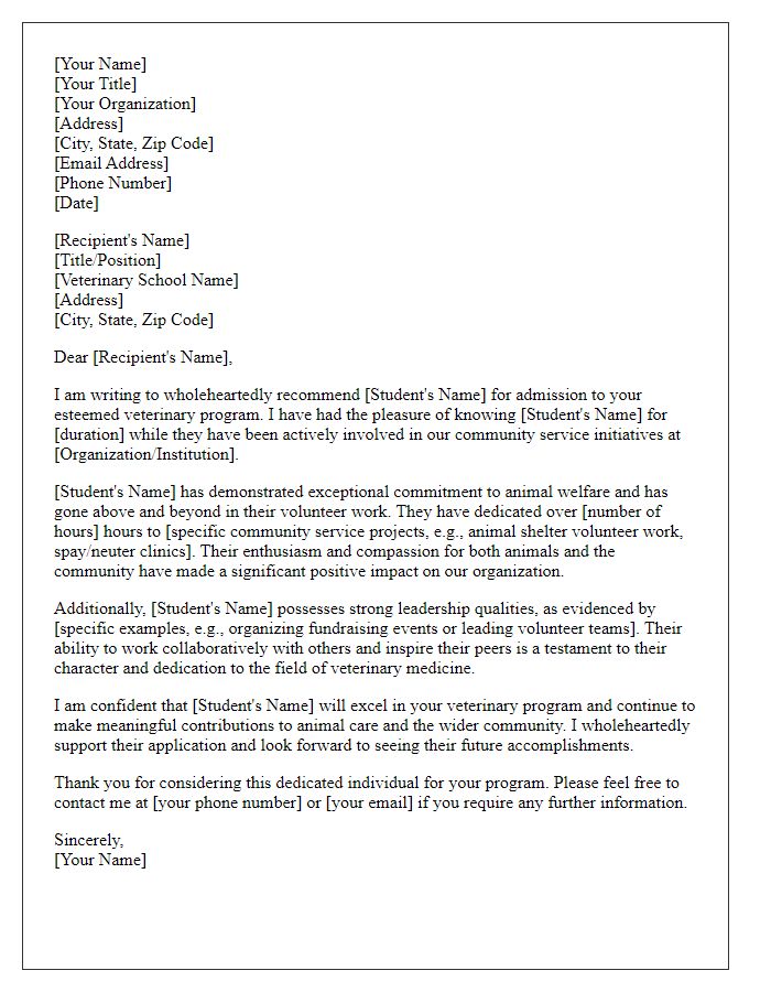 Letter template of veterinary school recommendation focusing on community service.