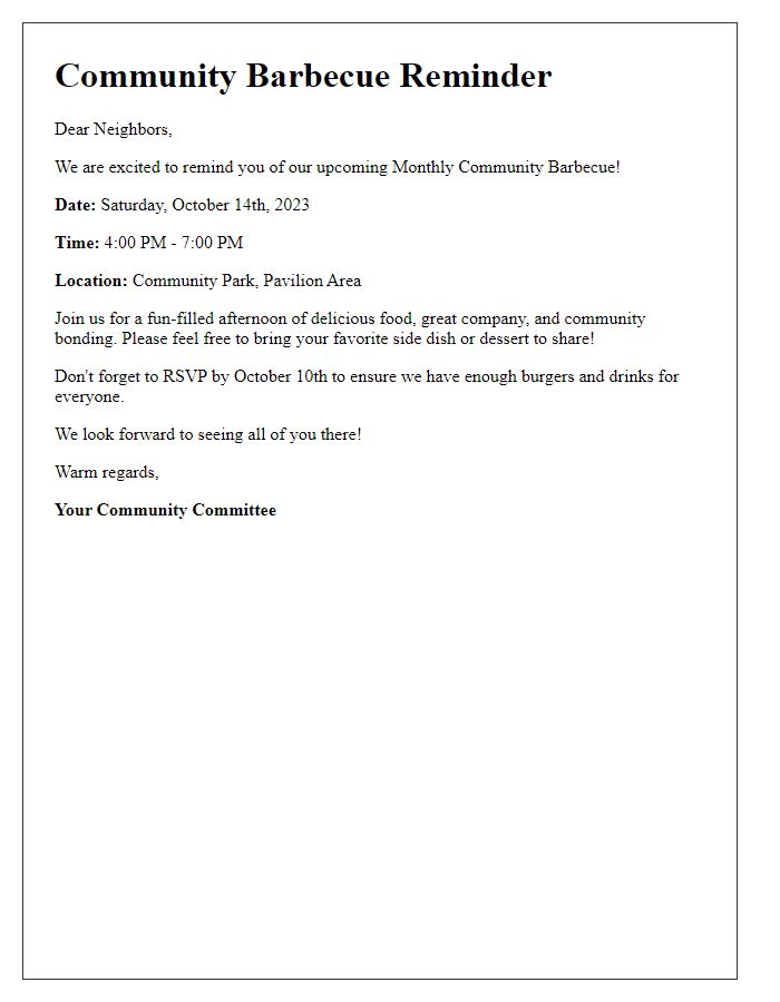 Letter template of monthly community barbecue event reminder