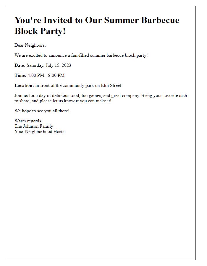 Letter template of summer barbecue block party invitation