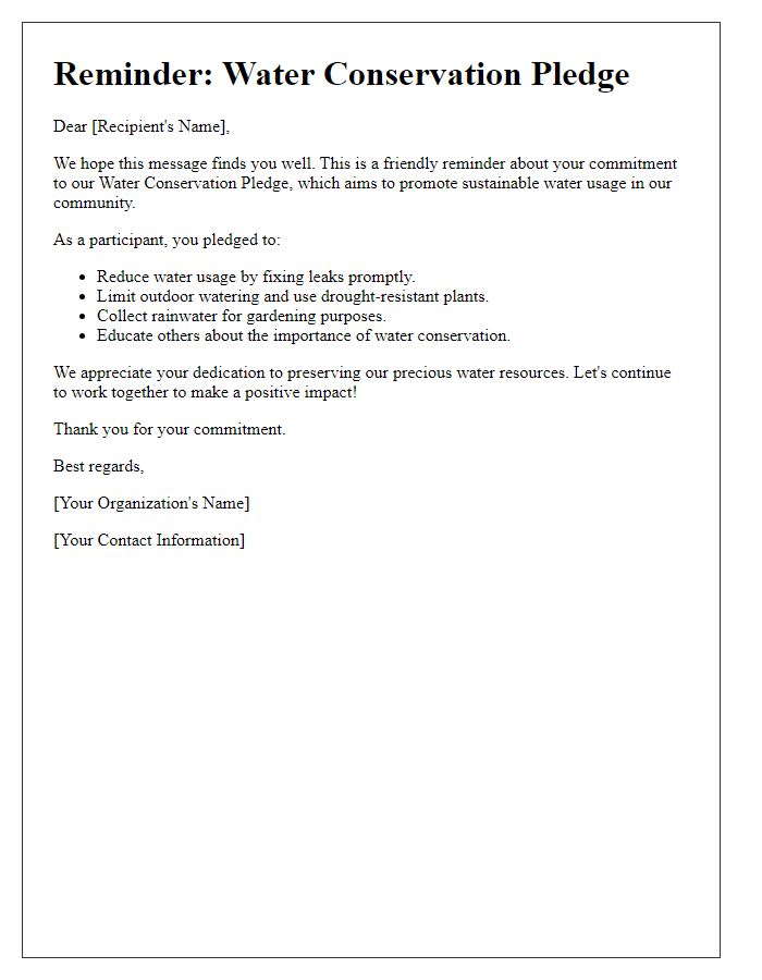 Letter template of reminder for water conservation pledge