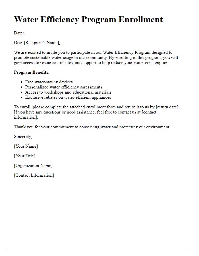 Letter template of water efficiency program enrollment