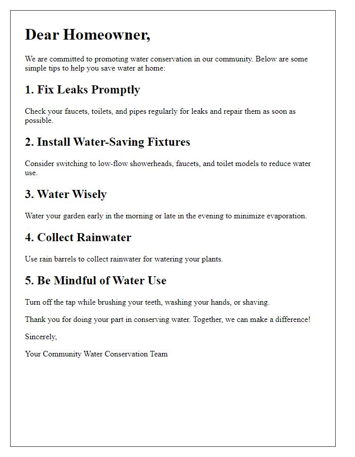 Letter template of water-saving tips for homeowners